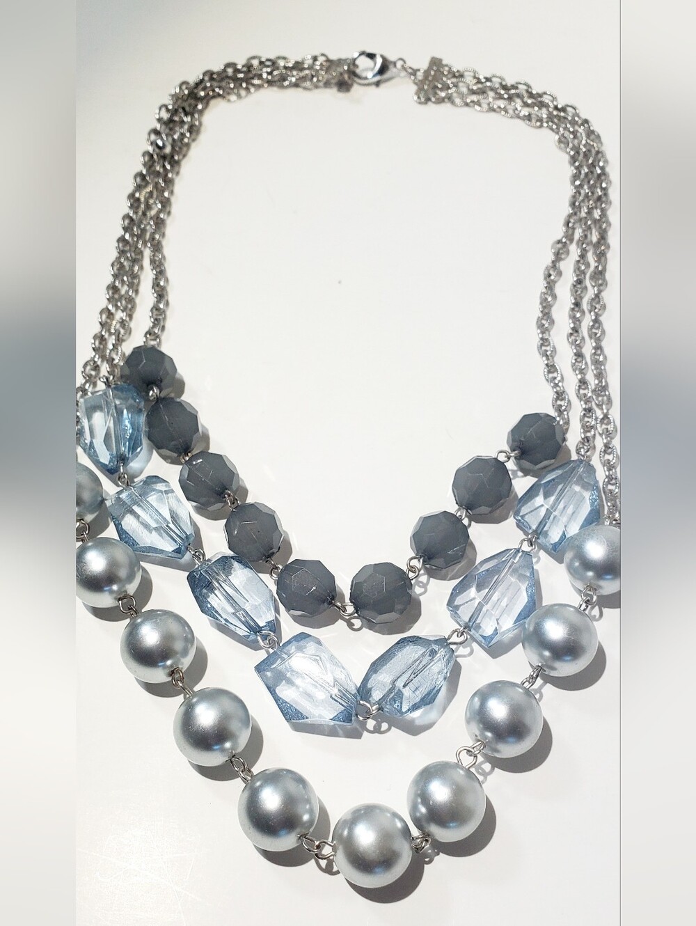 Layered Silver-Tone Necklace with Blue and Gray Beads